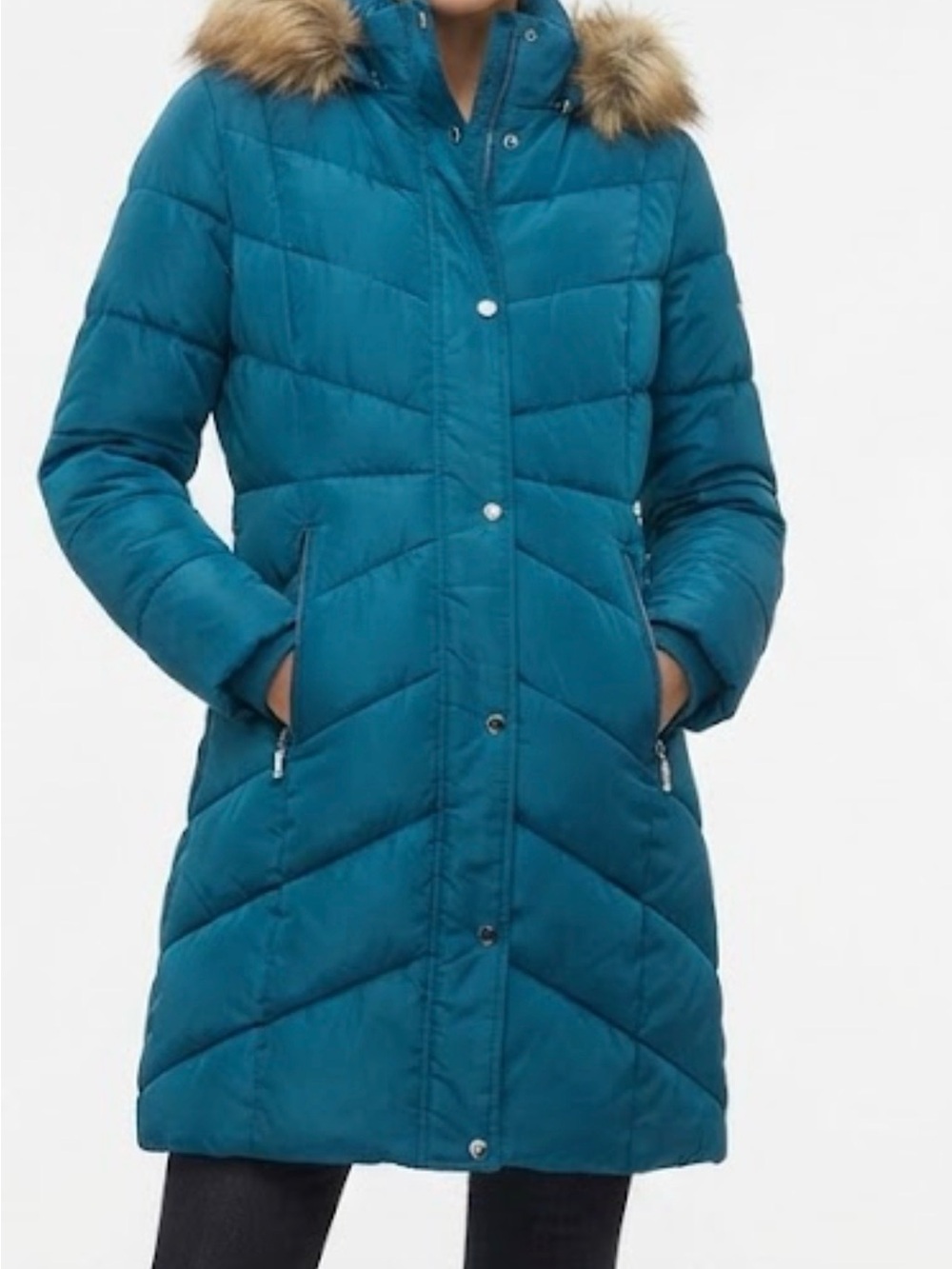 Simply Styled Teal Quilted Long Puffer Coat with Faux Fur Trim